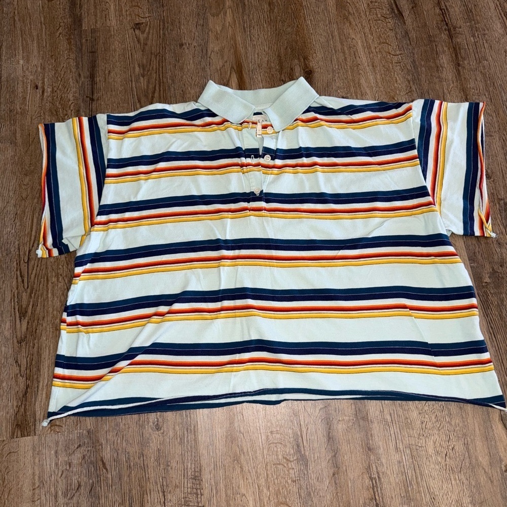 THE GREAT. Mint Striped Polo Tee with Navy, Red and Orange Stripes 1 - Picture 4 of 12